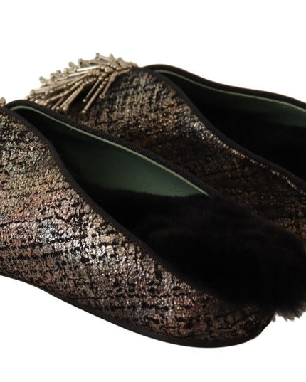 Paola D'Arcano Gold Jacquard Leather Embellished Slip On Shoes