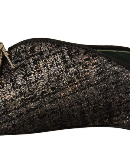 Paola D'Arcano Gold Jacquard Leather Embellished Slip On Shoes