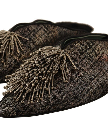 Paola D'Arcano Gold Jacquard Leather Embellished Slip On Shoes