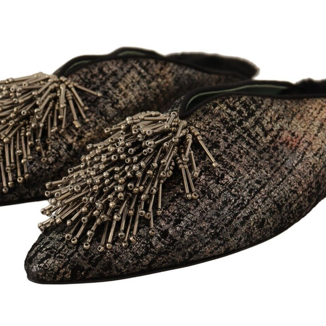 Paola D'Arcano Gold Jacquard Leather Embellished Slip On Shoes