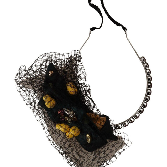 Dolce & Gabbana Silver Tiara Crystals Fruits Black Mesh Diadem Headband