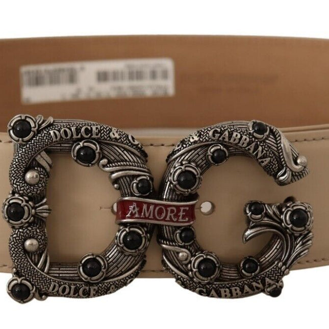 Dolce & Gabbana Beige Leather Silver Logo Buckle Amore Belt