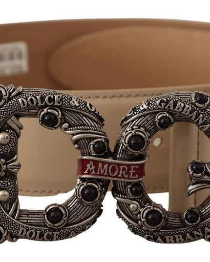 Dolce & Gabbana Beige Leather Silver Logo Buckle Amore Belt