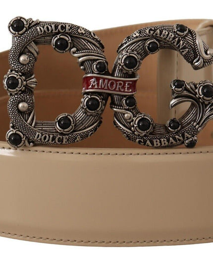 Dolce & Gabbana Beige Leather Silver Logo Buckle Amore Belt
