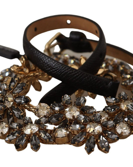 Dolce & Gabbana Black Daisy Crystal Dauphine Texture Belt