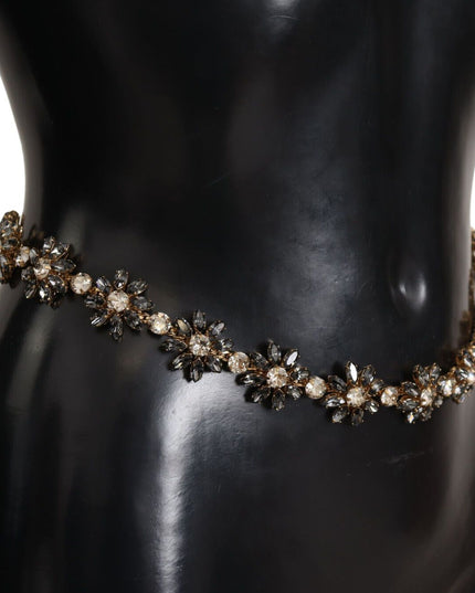 Dolce & Gabbana Black Daisy Crystal Dauphine Texture Belt