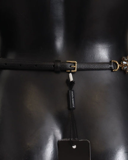 Dolce & Gabbana Black Daisy Crystal Dauphine Texture Belt