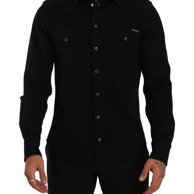 Dolce & Gabbana Black Slim Cotton Denim Stretch Shirt