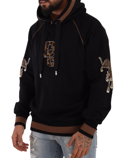 Dolce & Gabbana Black Brown Leopard Cotton Hooded Pullover Sweater