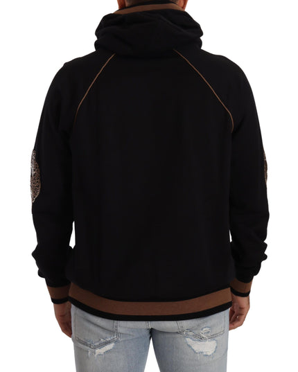 Dolce & Gabbana Black Brown Leopard Cotton Hooded Pullover Sweater