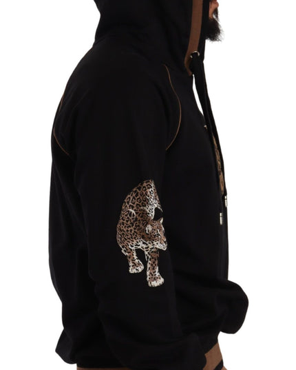 Dolce & Gabbana Black Brown Leopard Cotton Hooded Pullover Sweater
