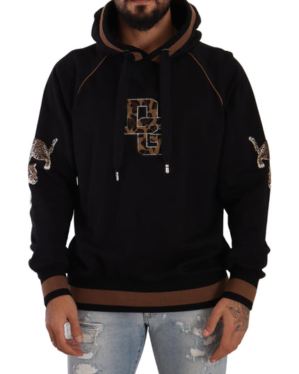 Dolce & Gabbana Black Brown Leopard Cotton Hooded Pullover Sweater