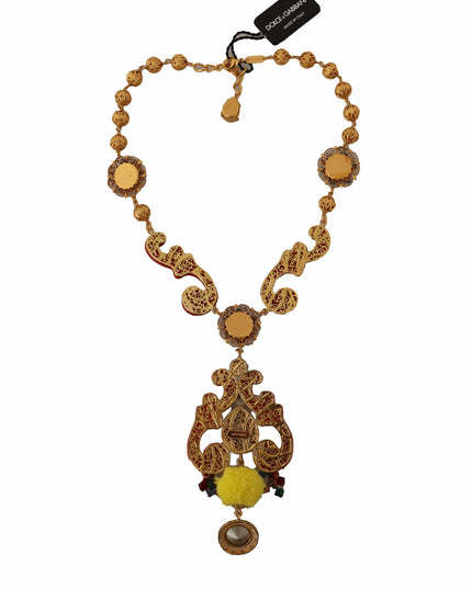Dolce & Gabbana Gold Brass Carretto Sicily Statement Crystal Chain Necklace