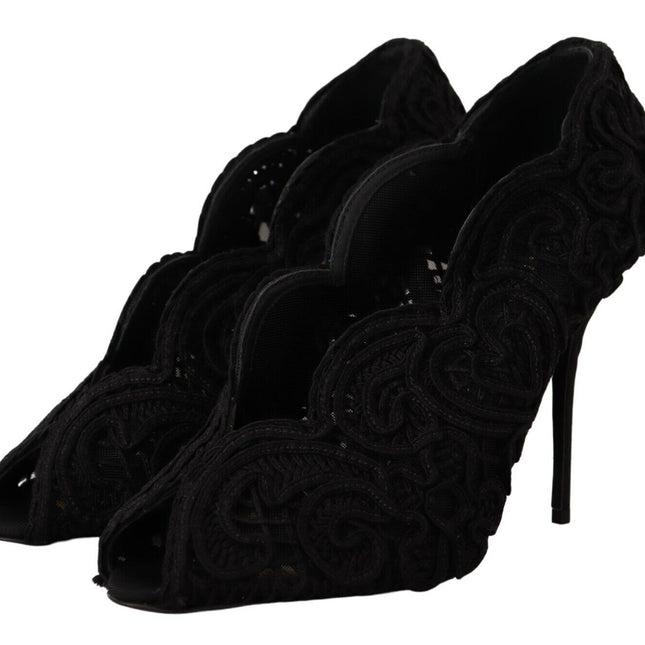 Dolce & Gabbana Black Cordonetto Ricamo Pump Open Toe Shoes