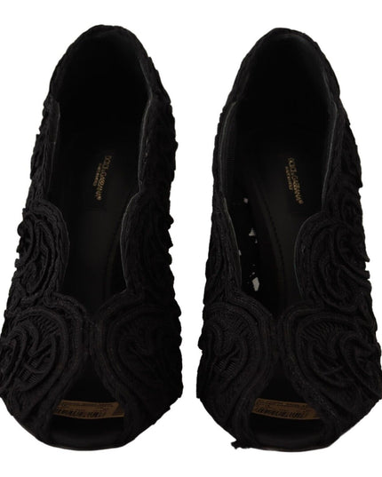 Dolce & Gabbana Black Cordonetto Ricamo Pump Open Toe Shoes