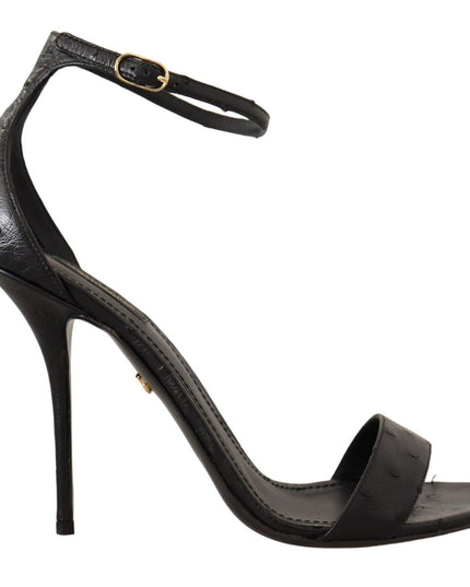Dolce & Gabbana Black Ostrich Ankle Strap Heels Sandals Shoes