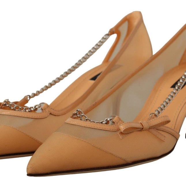 Dolce & Gabbana Peach Mesh Leather Chains Heels Pumps Shoes
