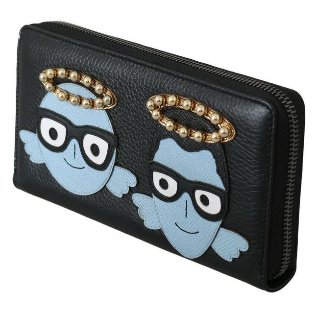 Dolce & Gabbana Black Blue Leather #DGFAMILY Zipper Continental Wallet
