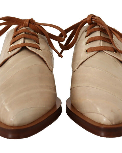 Dolce & Gabbana White Eel Leather Lace Up Formal Flats Shoes