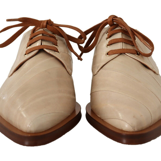 Dolce & Gabbana White Eel Leather Lace Up Formal Flats Shoes