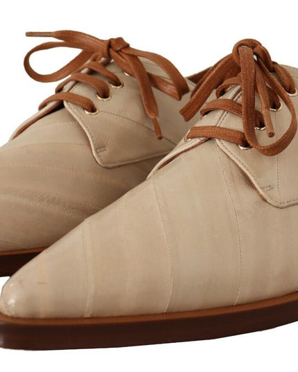 Dolce & Gabbana White Eel Leather Lace Up Formal Flats Shoes