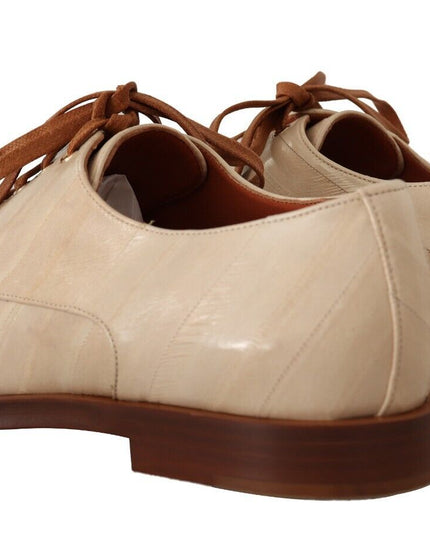 Dolce & Gabbana White Eel Leather Lace Up Formal Flats Shoes