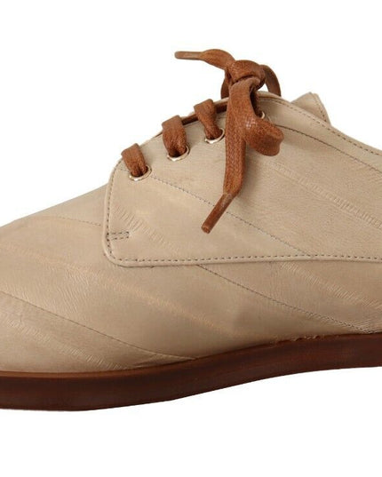 Dolce & Gabbana White Eel Leather Lace Up Formal Flats Shoes