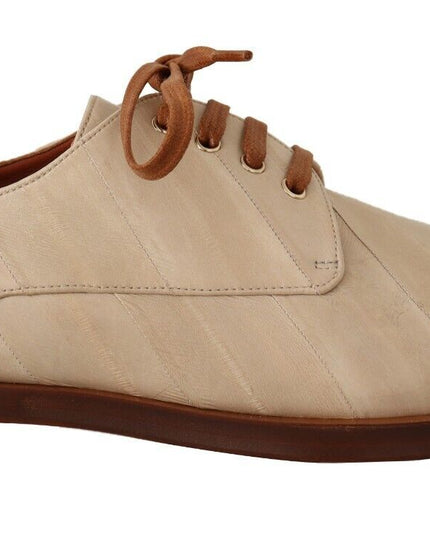 Dolce & Gabbana White Eel Leather Lace Up Formal Flats Shoes