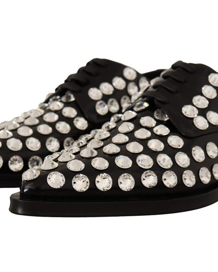 Dolce & Gabbana Black Leather Crystals Lace Up Formal Shoes