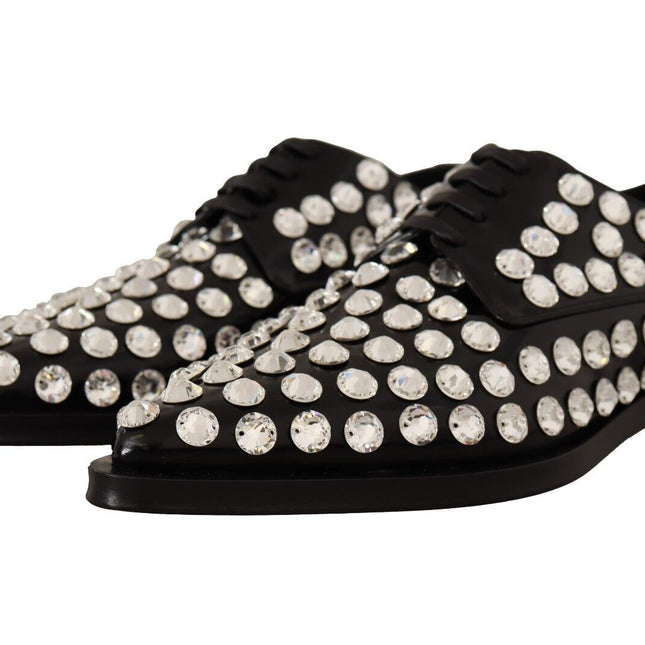 Dolce & Gabbana Black Leather Crystals Lace Up Formal Shoes