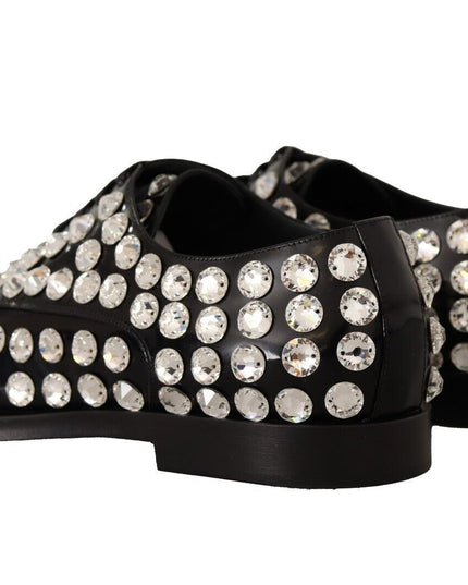 Dolce & Gabbana Black Leather Crystals Lace Up Formal Shoes