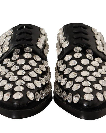 Dolce & Gabbana Black Leather Crystals Lace Up Formal Shoes