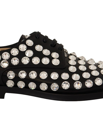 Dolce & Gabbana Black Leather Crystals Lace Up Formal Shoes