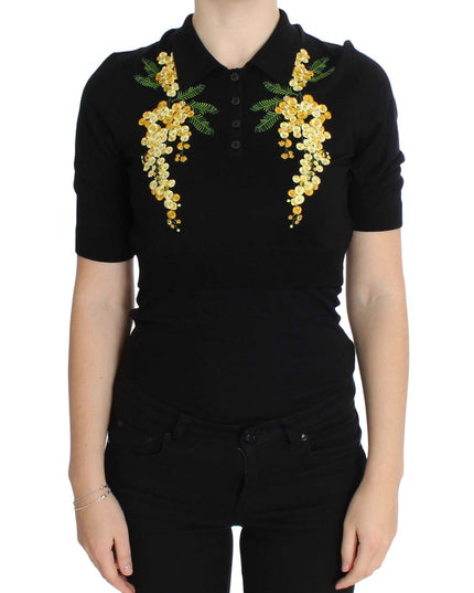 Dolce & Gabbana Black Silk Floral Embroidered Polo Top