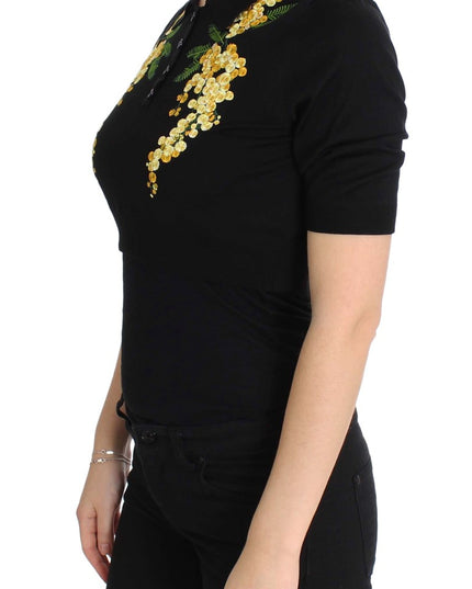 Dolce & Gabbana Black Silk Floral Embroidered Polo Top