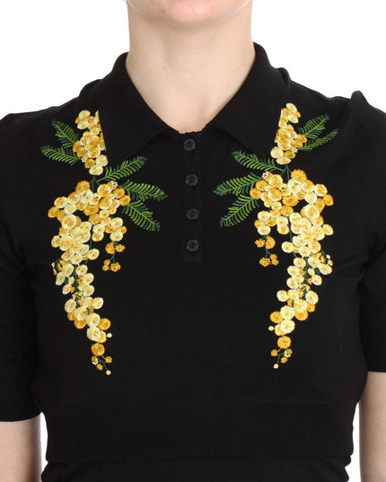 Dolce & Gabbana Black Silk Floral Embroidered Polo Top