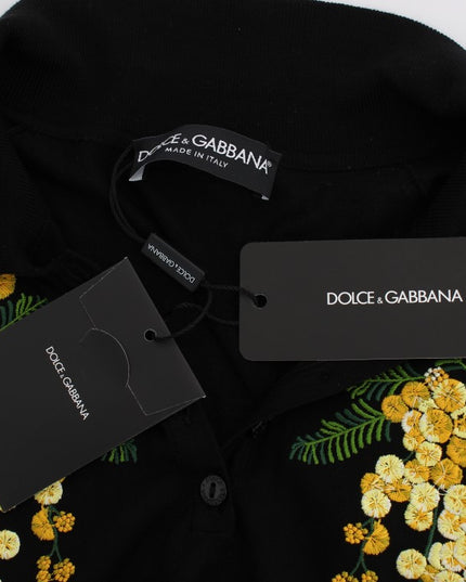 Dolce & Gabbana Black Silk Floral Embroidered Polo Top