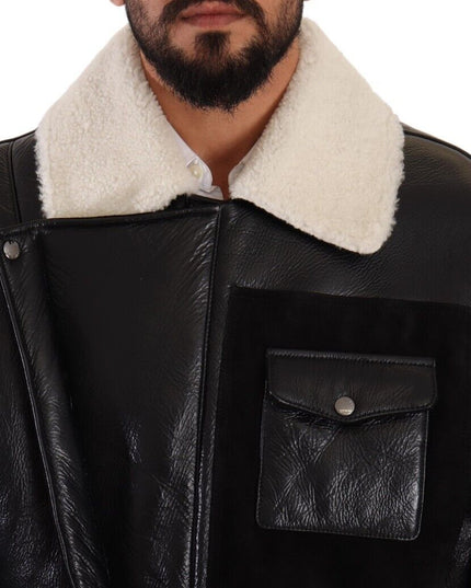 Dolce & Gabbana Black Leather Shearling Biker Coat Jacket