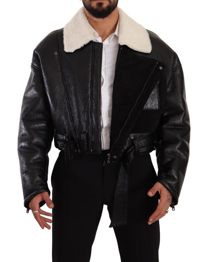 Dolce & Gabbana Black Leather Shearling Biker Coat Jacket