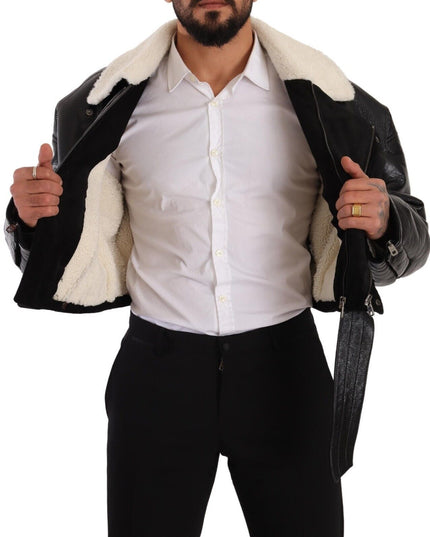 Dolce & Gabbana Black Leather Shearling Biker Coat Jacket