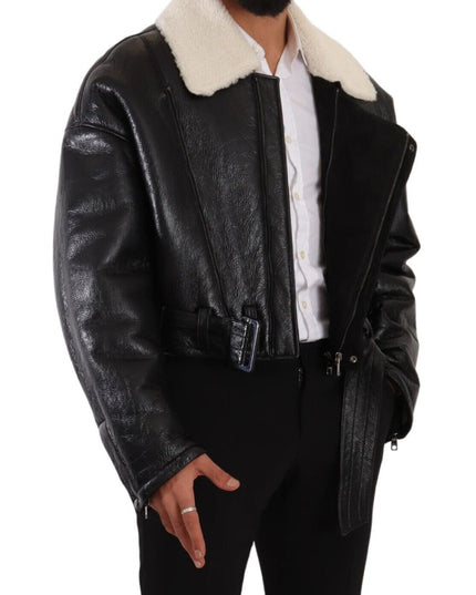 Dolce & Gabbana Black Leather Shearling Biker Coat Jacket
