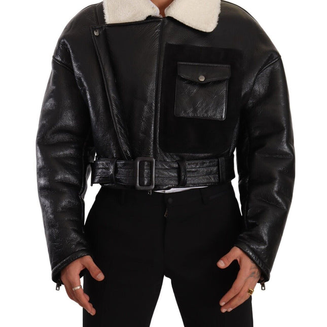 Dolce & Gabbana Black Leather Shearling Biker Coat Jacket
