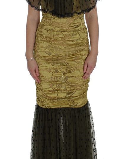 Dolce & Gabbana Yellow Black Floral Lace Ricamo Gown Dress