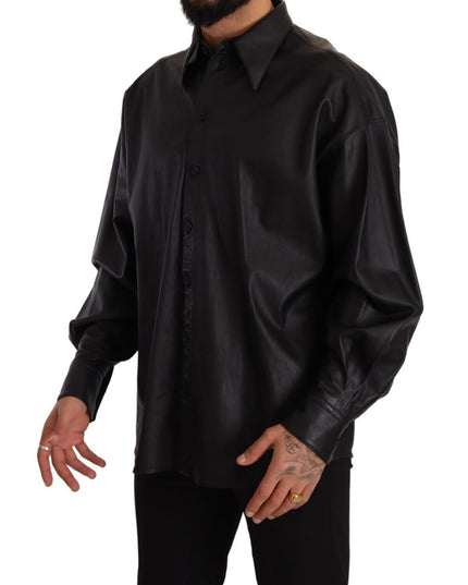 Dolce & Gabbana Black Leather Button Down Men Collared Jacket
