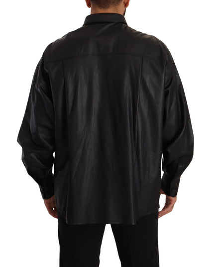 Dolce & Gabbana Black Leather Button Down Men Collared Jacket