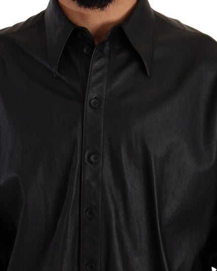 Dolce & Gabbana Black Leather Button Down Men Collared Jacket