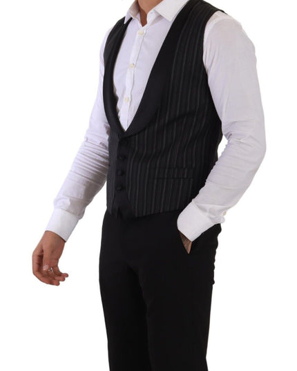 Dolce & Gabbana Black Striped Wool Silk Waistcoat Vest