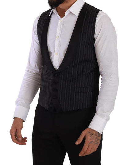 Dolce & Gabbana Black Striped Wool Silk Waistcoat Vest