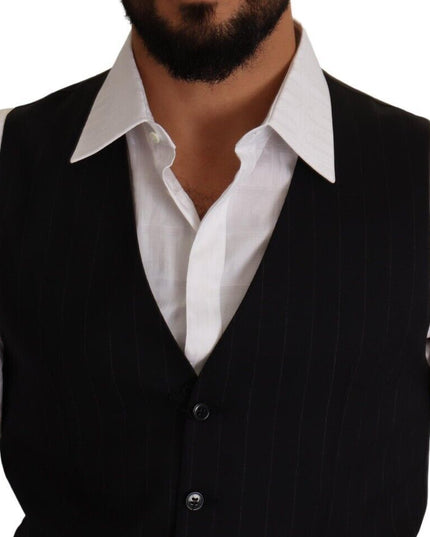 Dolce & Gabbana Blue Striped Wool Stretch Waistcoat Vest