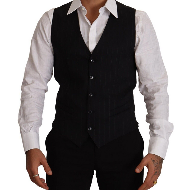 Dolce & Gabbana Blue Striped Wool Stretch Waistcoat Vest